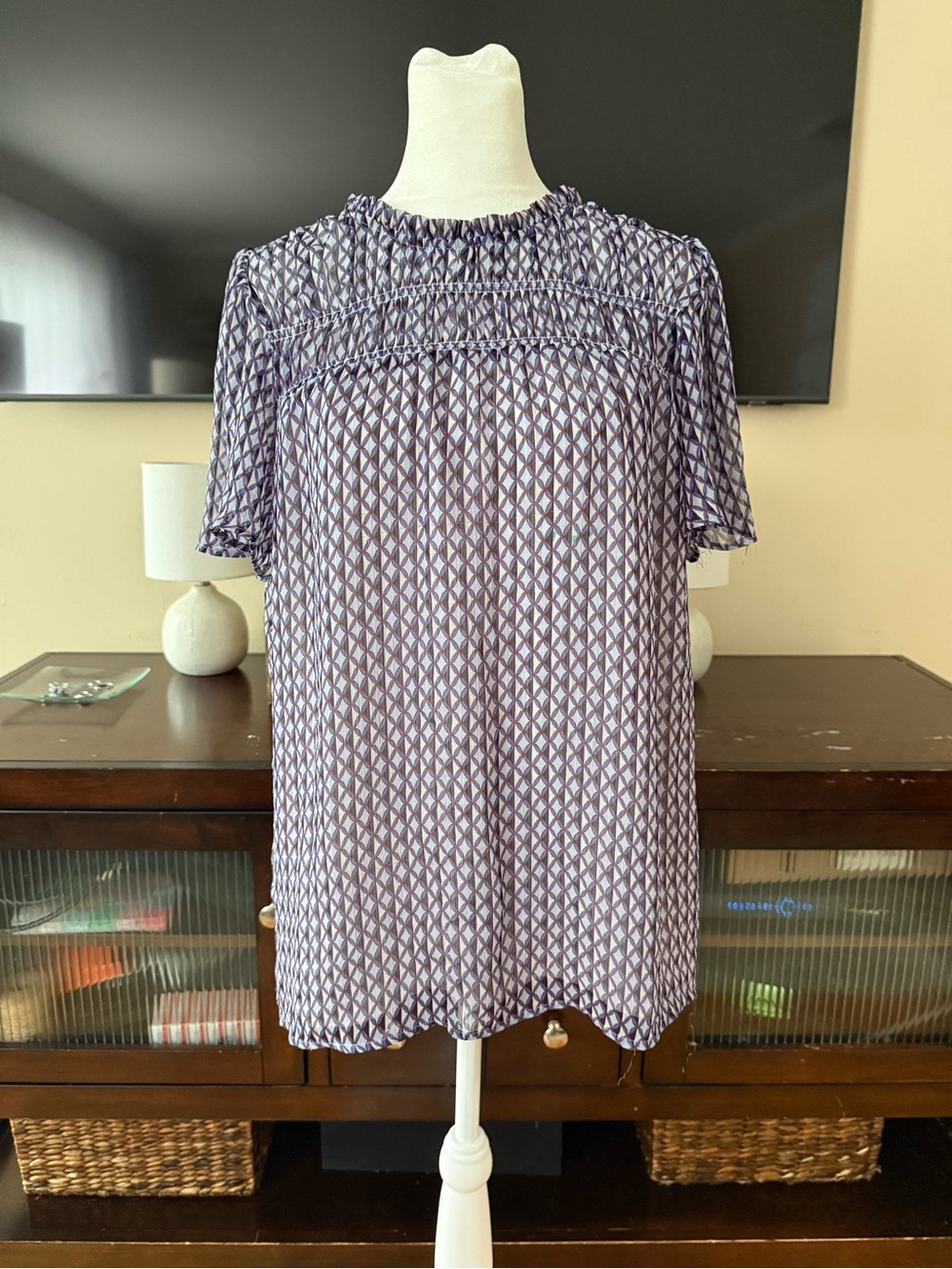 LOFT Purple Geometric Short-Sleeve Blouse